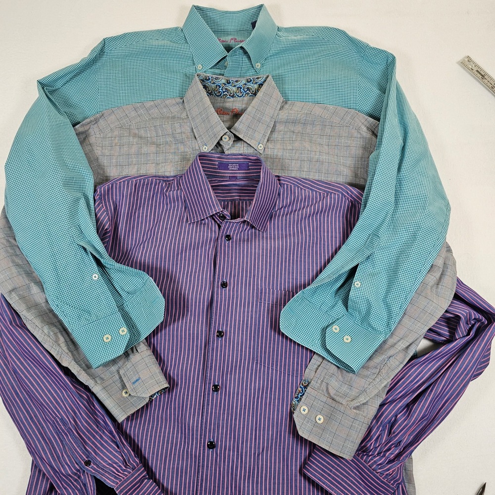 Lot of 3 Alan Flusser Mens Button Down Shirts XL Cotton Plaid Stripe Check L/S